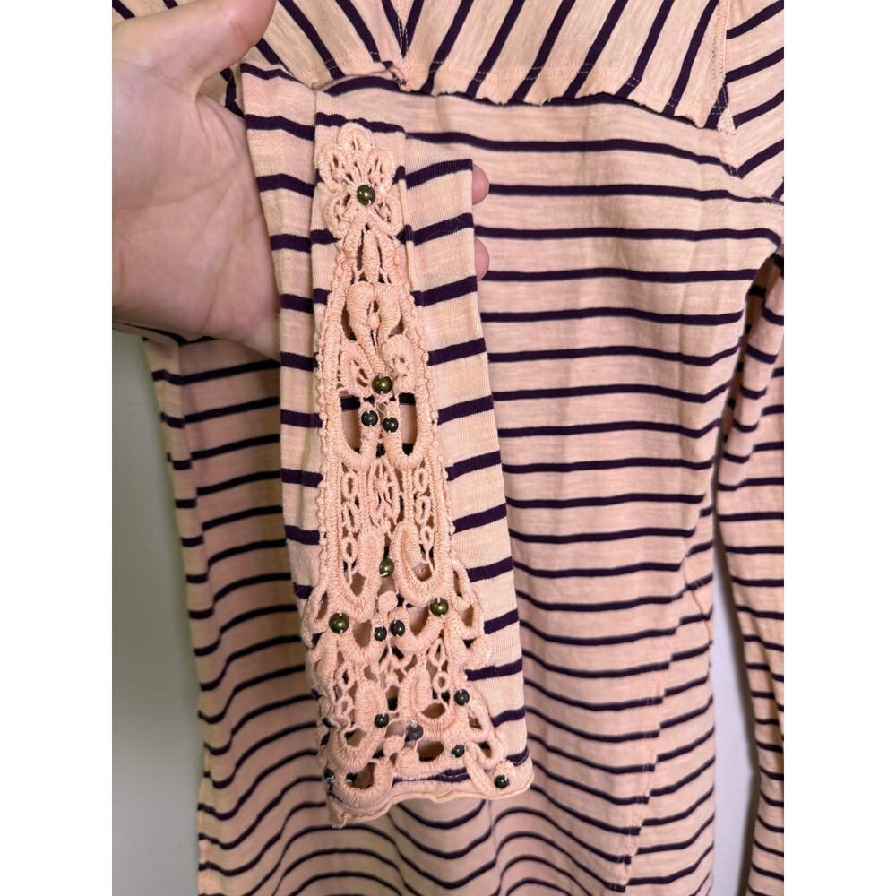 Free People Hard Candy Top M Peach Stripe Long Sleeve Crochet Cuff Boho Cute - Picture 5 of 6